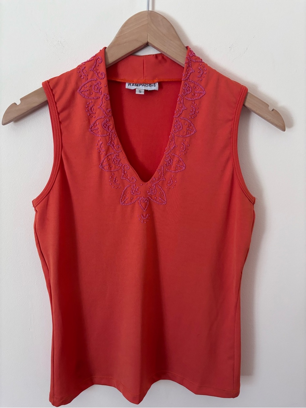 Rampage Women's Sleeveless V-Neck Top in orange with pink beaded Trim